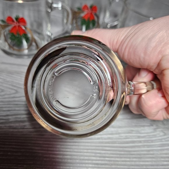 Set of 4 Clear horn pine red bow gold accent glass christmas mugs - Picture 3 of 7